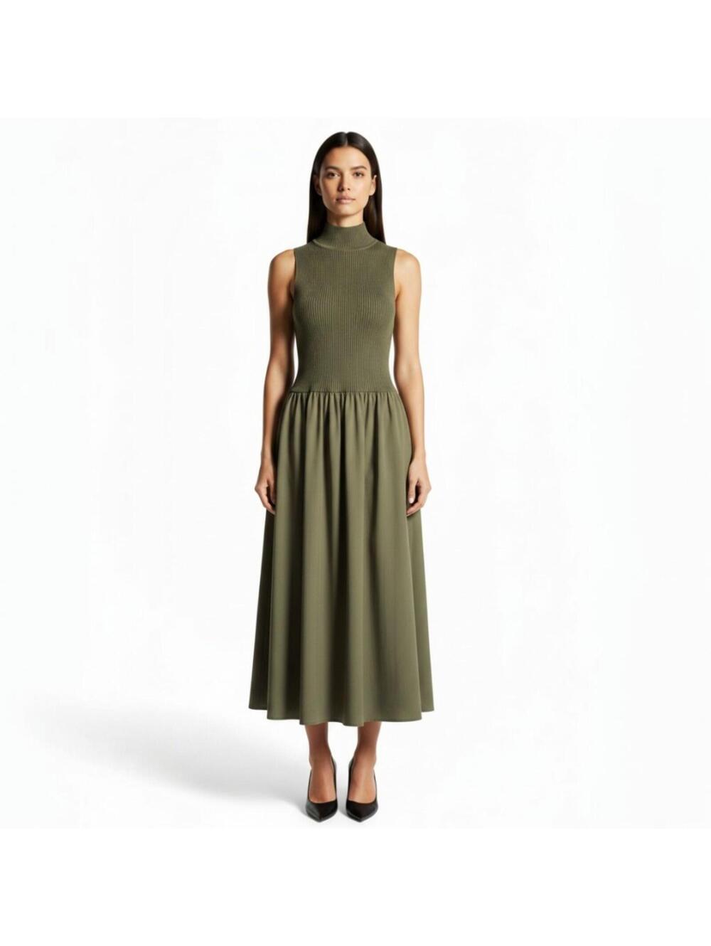 Elan Green Midi Dress XS Sleeveless Mock Neck Ribbed Viscose Rayon NWT Stretch